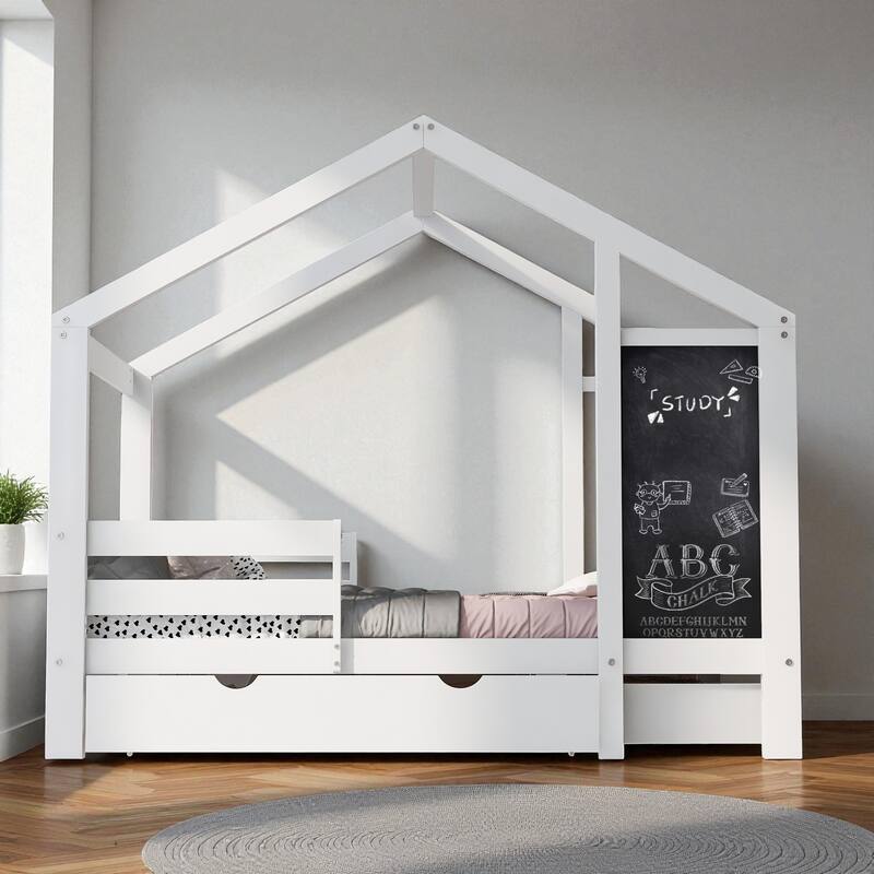 Twin/Full House Bed with Blackboard and Storage Drawers, Kids Wood Bed with Two Assembly Options and Safety Rails