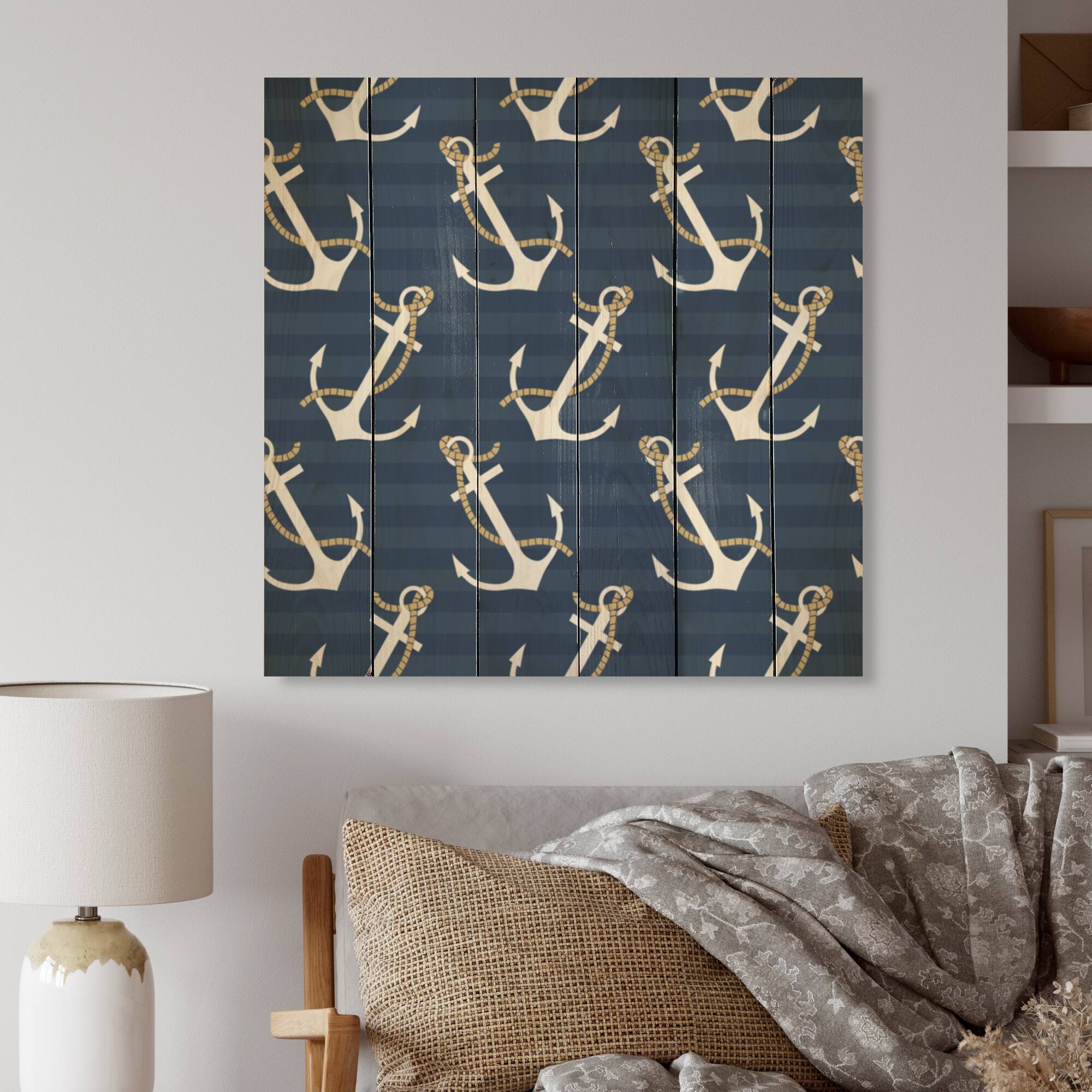 Designart 'Anchors Pattern' Patterned Wood Wall Art Panels Natural Pine Wood Bed Bath