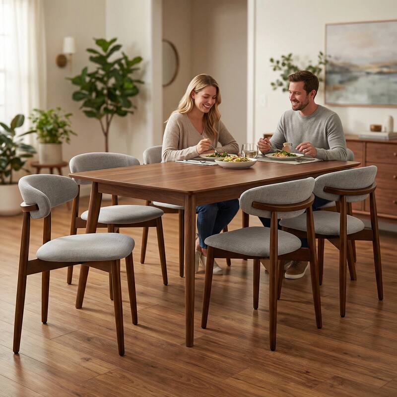 Wooden Dining Chairs Set of 2, Modern Fabric Upholstered Dining Room Chair with Curved Back, with Adjustable Foot Pads