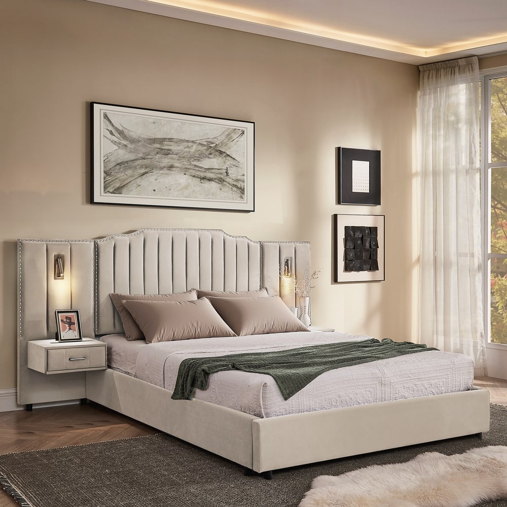 Queen Size Upholstered Bed Frame , Vertical Stripe Design with Buttons Around Platform Bed with Headboard