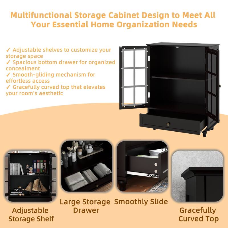 Modern Wooden Buffet Cabinet with Double Glass Doors & Drawer, Storage Sideboard for Dining Room & Entryway