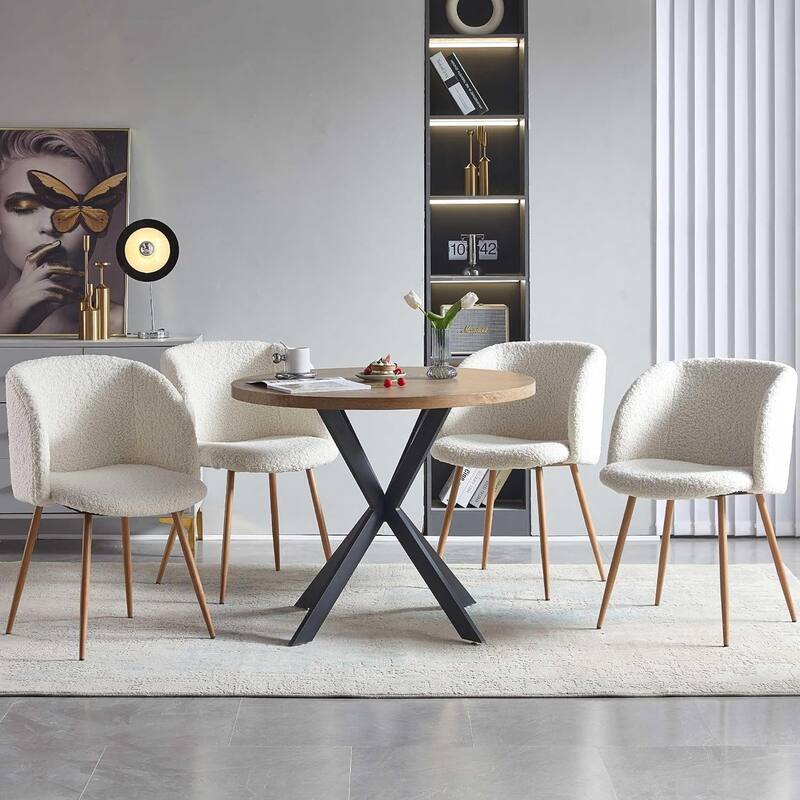 Howtai Round Dining Table Set with Fluffy Sherpa Arm Chairs Space Saving