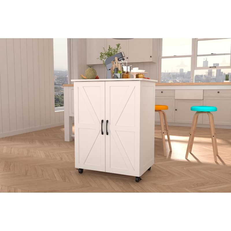 Anmytek Multifunctional Rolling Kitchen Island with Storage Barn Door Portable Cricut Cart Coffee Bar