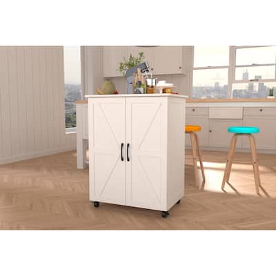 Homy Casa Kitchen Pantry Cabinet Barn Doors Wheels, White Storage