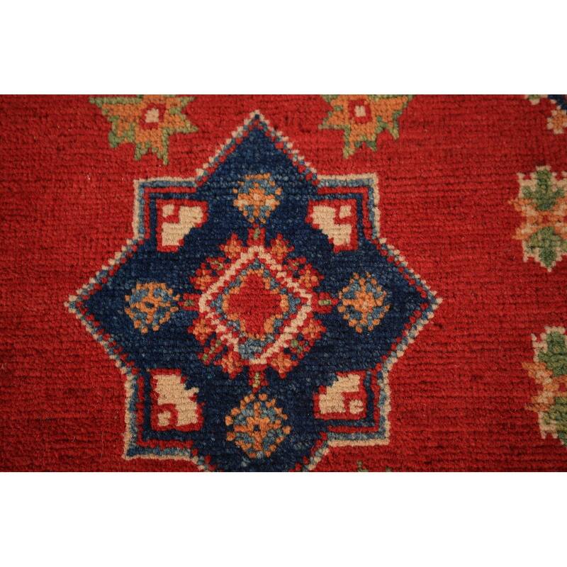 Geometric Red Kazak Foyer Rug Hand-Knotted Traditional Wool Carpet - 2'0" x 3'0"