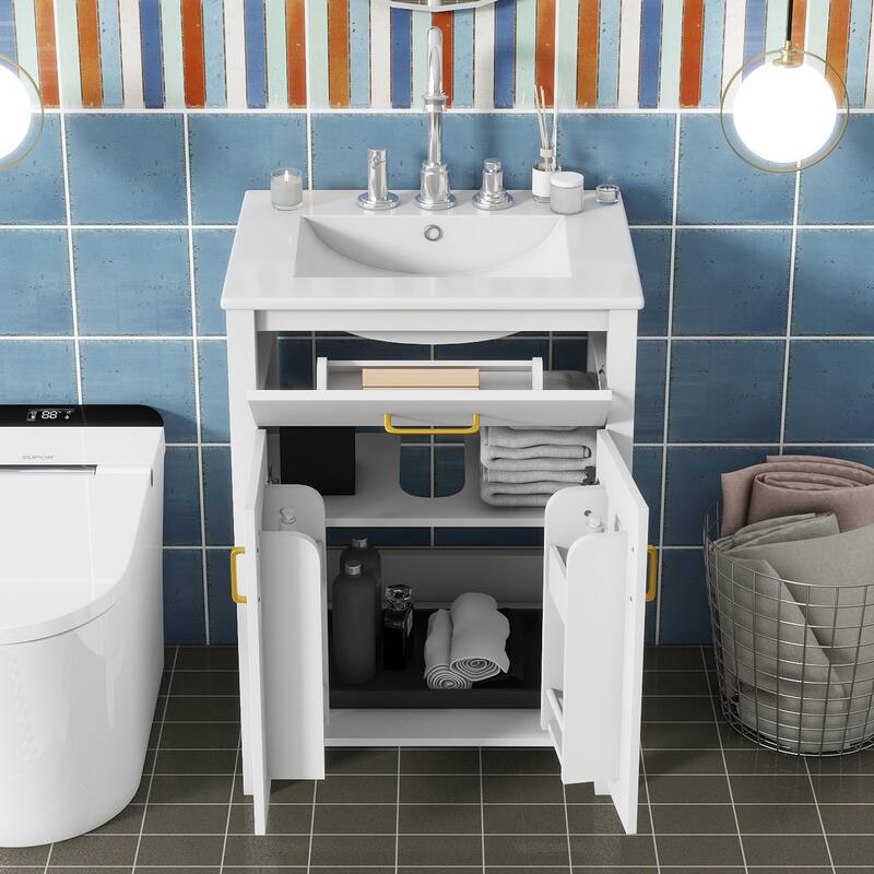 24" Bathroom Vanity Combo with Ceramic Sink, Bathroom Vanity Cabient with 2 Soft Close Doors, Adjustable Shelf and 1 Flip Drawer