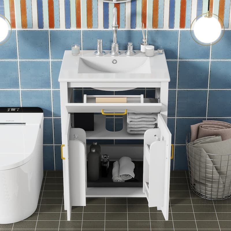 Bathroom Vanity Compact Freestanding Adjustable Cabinet with Door Storage Racks, Flip Down Drawer and Golden Handles