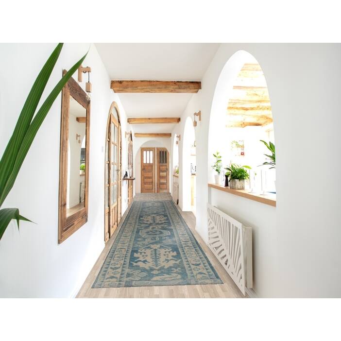 Hand Knotted Oriental 100% Wool Carpet Transitional Geometric Navy Blue & Blues Oushak Runner Rug - 18' 8'' X 3' 2''