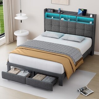 Queen Upholstered Platform Bed with LED Lights Storage Headboard Charging Ports