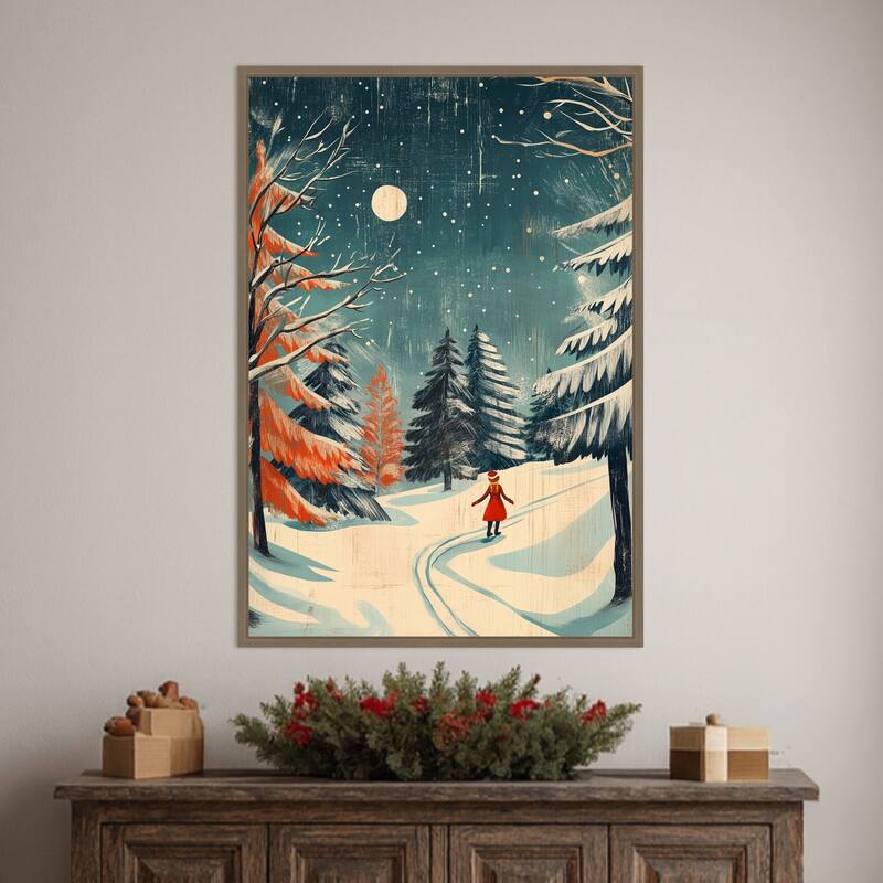 Christmas girl by Pictufy Studio Framed Canvas Wall Art Print - Sylvie Dark Gold