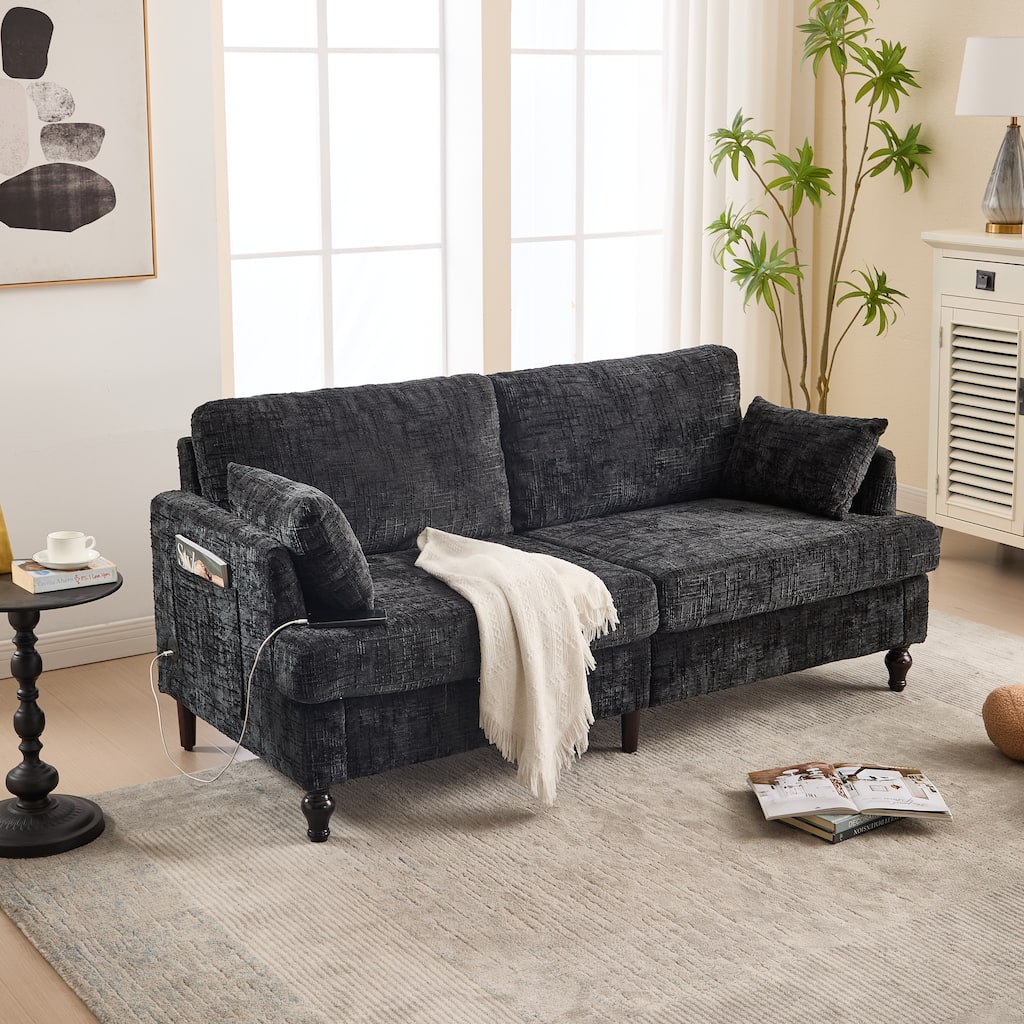 Multifunctional Sofa Couch Loveseat with Lights & Side Pocket, Black 2-Seater Sofa Couch with Charging Port