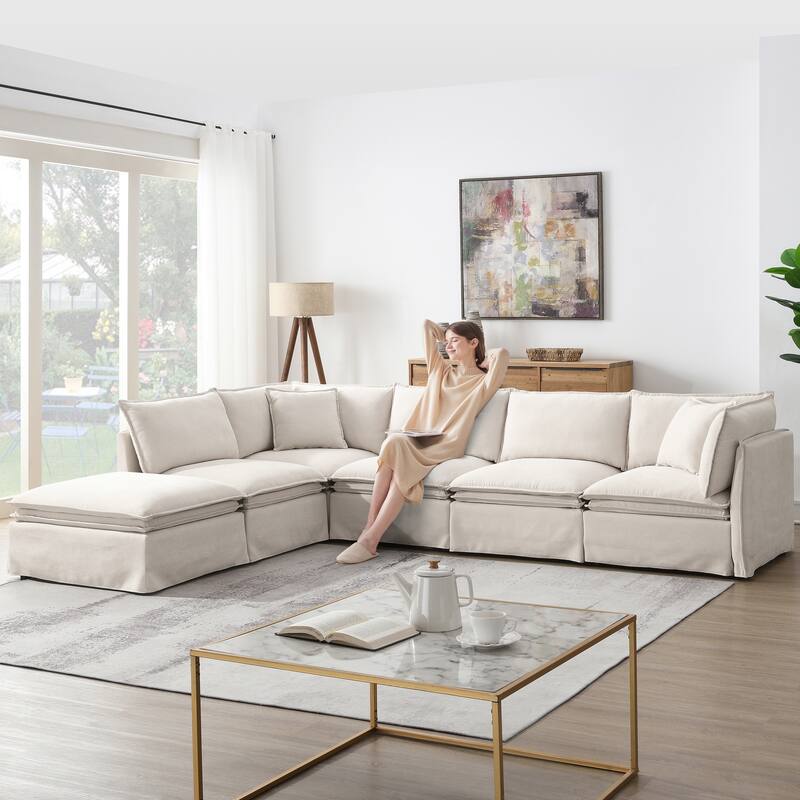 6-seat 125.5'' Modular Sectional Sofa with Movable Ottoman,Oversized Chenille Sofa for Living Room
