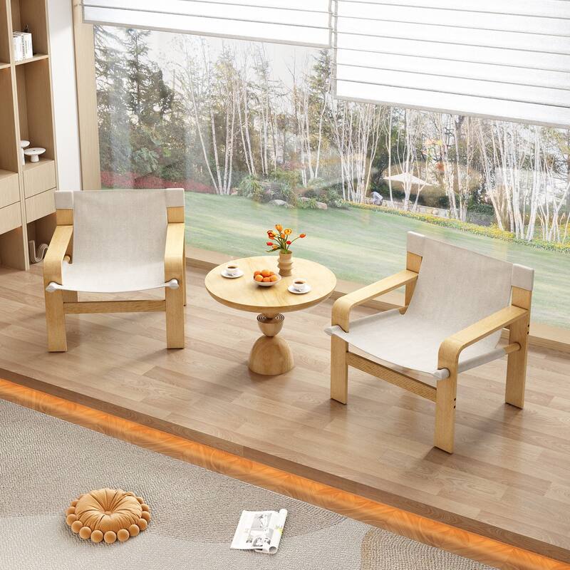 Detachable and washable Oak Accent Chair Wide Armrest Mid-Century Lounge Chair Linen Fabric Armchair & Solid Wood Frame