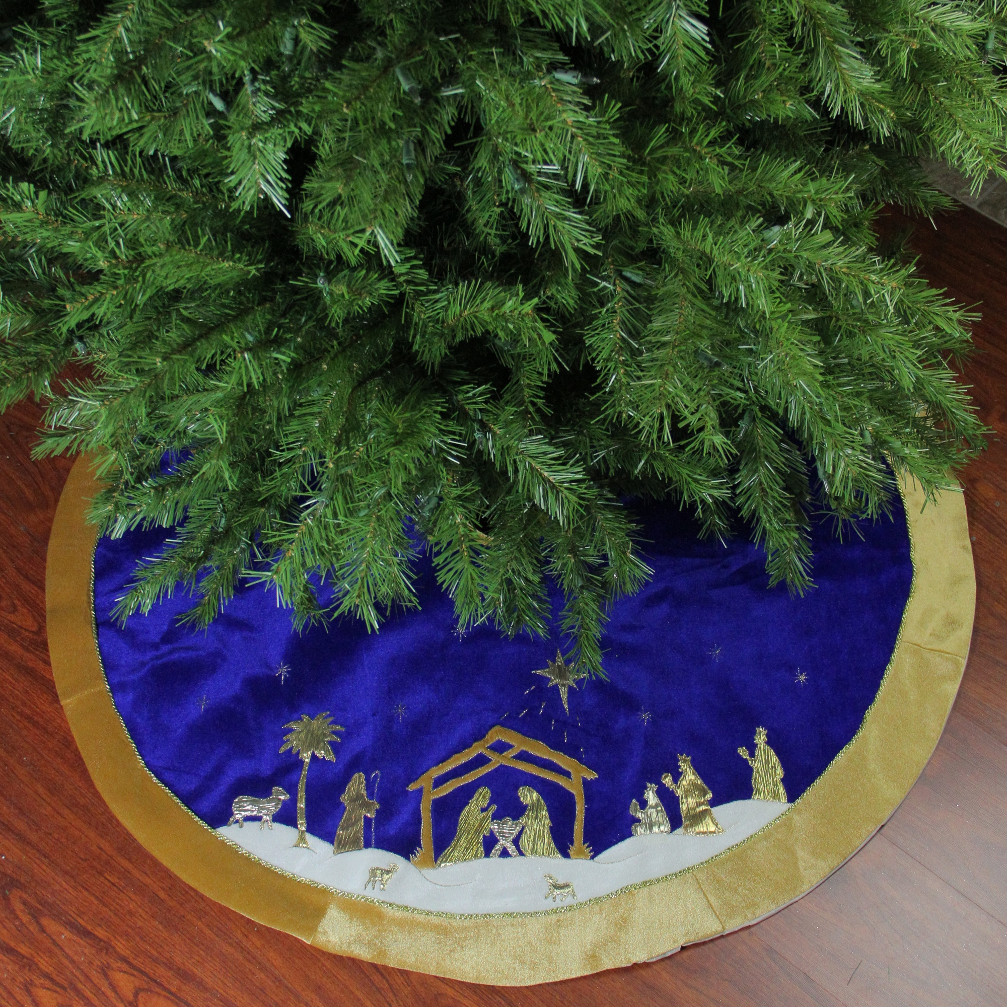 Northlight 48 Nativity Scene Christmas Tree Skirt with Gold Border Blue and Gold