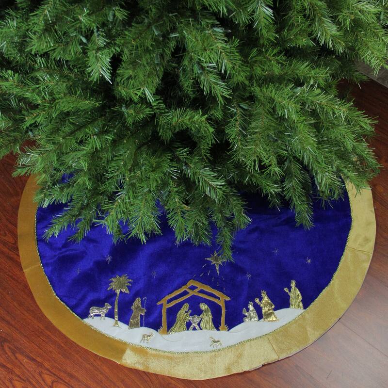 48" Blue and Gold Nativity Scene Christmas Tree Skirt with Gold Border - 48