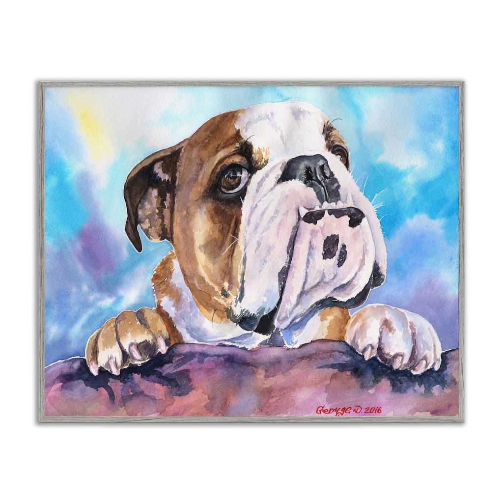 Stupell English Bulldog Dog Pet Animal Watercolor Painting Grey Framed, 16 x 20, Design By Artist George Dyachenko - 16 x 20