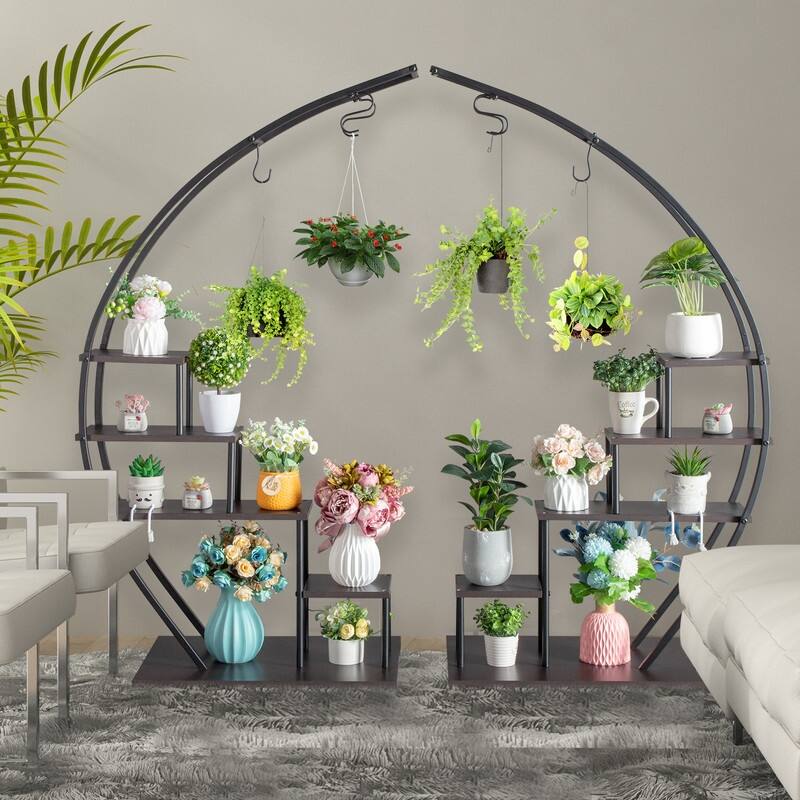 5 Layers Semicircle Iron Wood Suitable Home Decoration Plant Stand - 2 PC