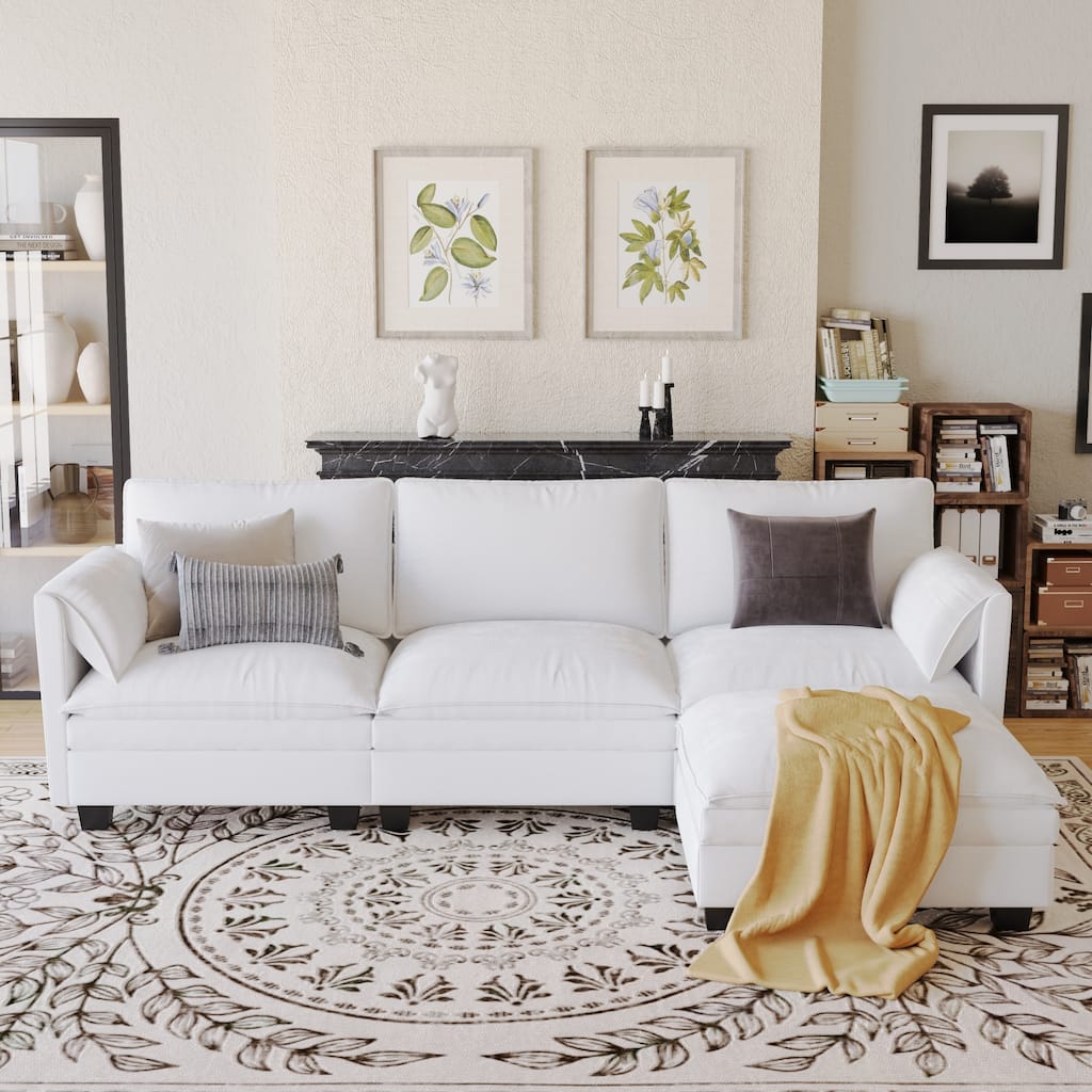 L-Shaped Sectional Sofa with Movable Ottoman, Fabric Upholstered 3 Seater Sofa, Deep Seat Sofa with Side Pockets