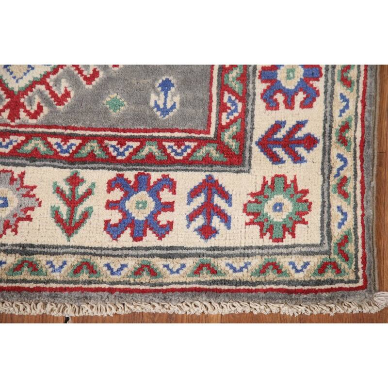 Hand Knotted Oriental 100% Wool Carpet Traditional Geometric Greys & Charcoal Kazak Runner Rug - 6' 7'' X 2' 7''