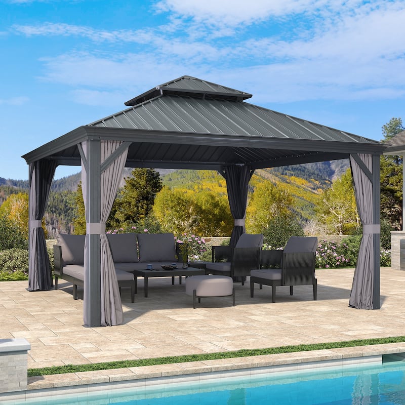 PURPLE LEAF Outdoor Galvanized Steel Hardtop Gazebo, Aluminum Frame Gazebo With Curtains - 13' x 13' (Hot Sale) - Grey