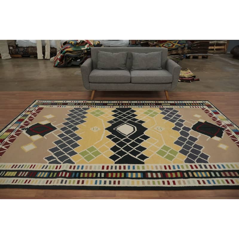 Hand Woven Oriental 100% Wool Carpet Southwestern Geometric Multi-Colored Kilim Area Rug - 10' 3'' X 6' 11''