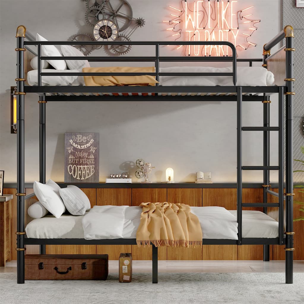 Twin XL over Twin XL Metal Bunk Bed, Industrial Detachable Bunkbeds with Safety Guard Rails