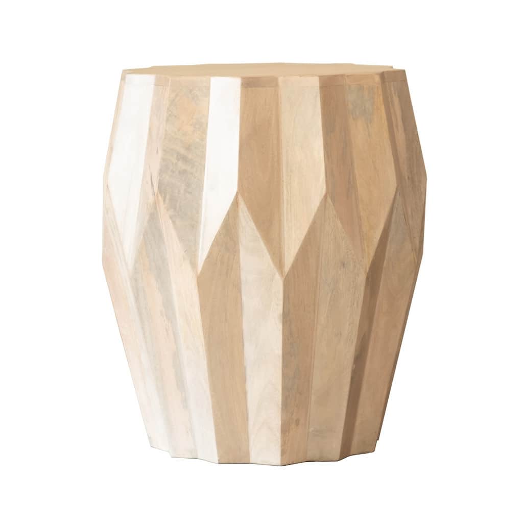 Natural Solid Wood Round End Table with White Drum Base and Distressed Finish - 16” x 16” x 22.5” (D x W x H)