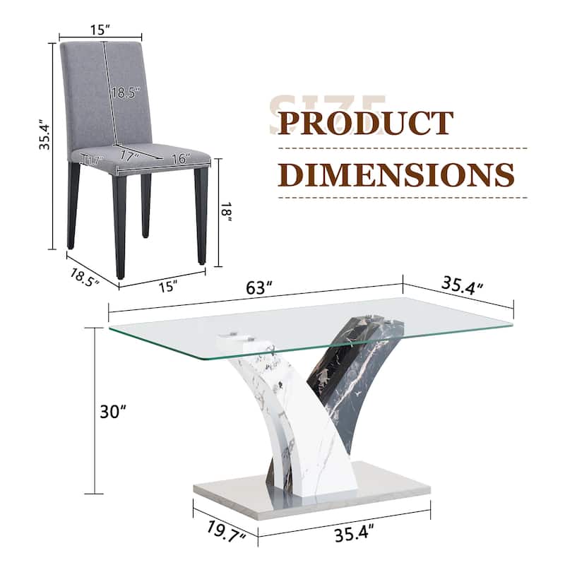 Stylish Dining Table and Chair Set, Modern Rectangular Glass Table with Upholstered Linen Chairs for Kitchen, Dining Room