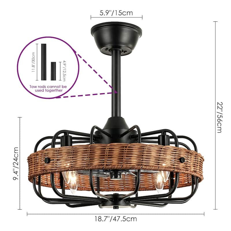 4-Light Farmhouse Modern Brown Drum Ceiling Fan Lighting with Woven Rattan Accent - 18.5 in. W x 5.7 in. H