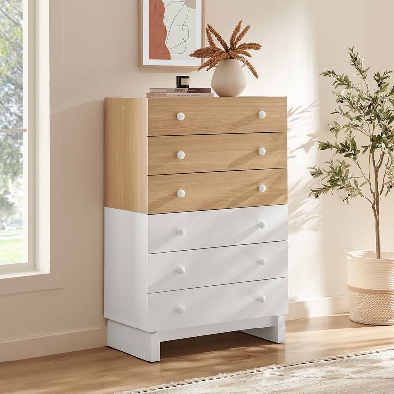 Nolia 6-Drawer Color Block Dresser Chest - Oak White