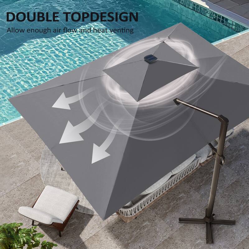 9 X 11 FT Outdoor Patio Cantilever Umbrella with Solar Lights 4-Piece Premium Base Double Canopy 360 Rotation Tilt