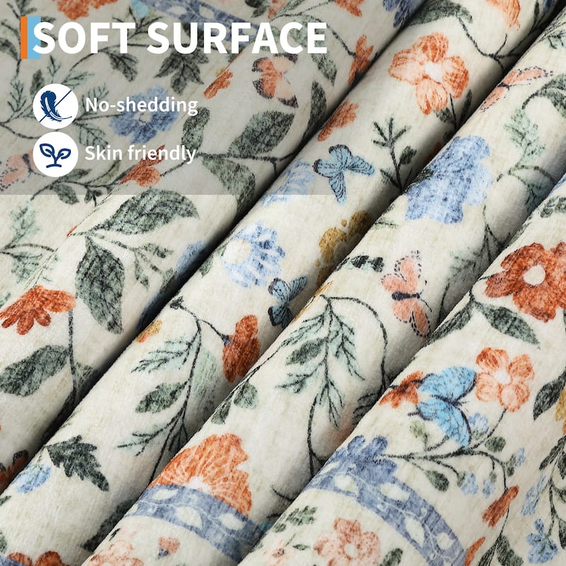 Living Room Rug Machine Washable Area Rug Non Slip Farmhouse Floral Rug Low Pile Soft Foldable Rugs