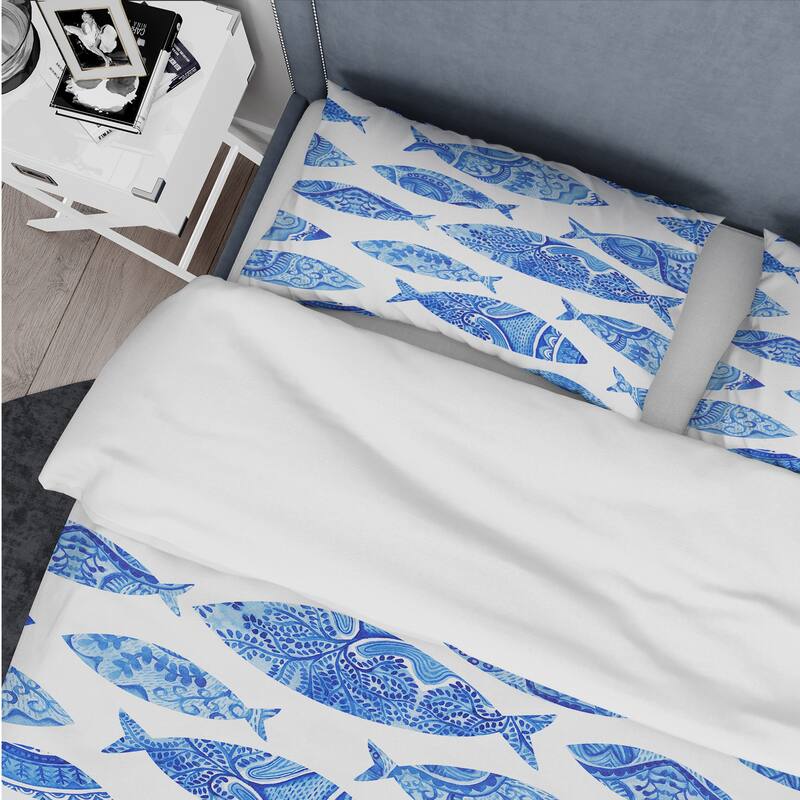 Designart 'Pattern with Fishes' Nautical & Coastal Bedding Set - Duvet Cover & Shams