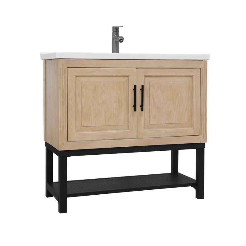36" Bathroom Vanity with White Ceramic Sink & Hot and Cold Faucet, Freestanding Bathroom Cabinet with 2 Storage Doors
