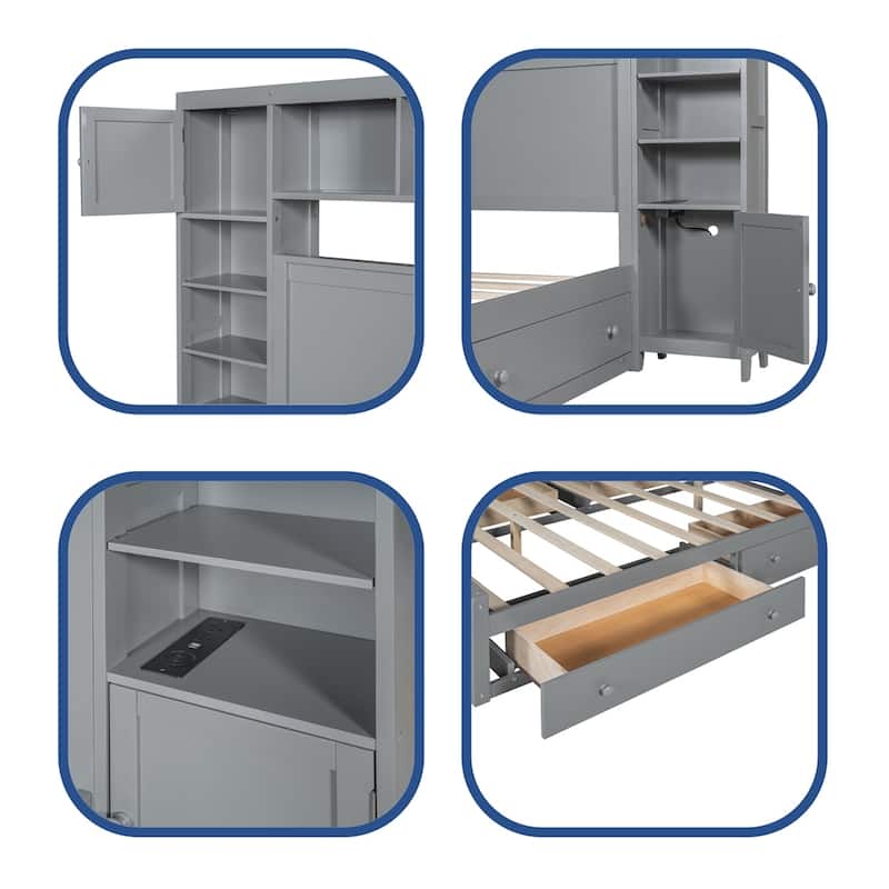 Queen Size Wooden Bed With All-in-One Cabinet, Shelf and Sockets