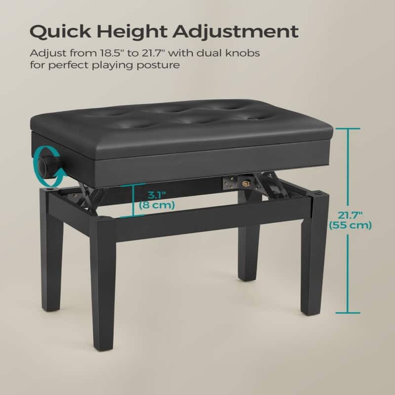 Adjustable Height Black Faux Leather Piano Bench with Storage Compartment and Solid Wood Legs - 13.2"D x 21.6"W x 18.5"H-21.7"H