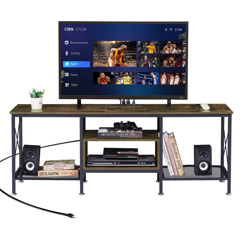VECELO Wood TV Stand with Charging Station,Storage Shelves Entertainment Center TV Cabinet