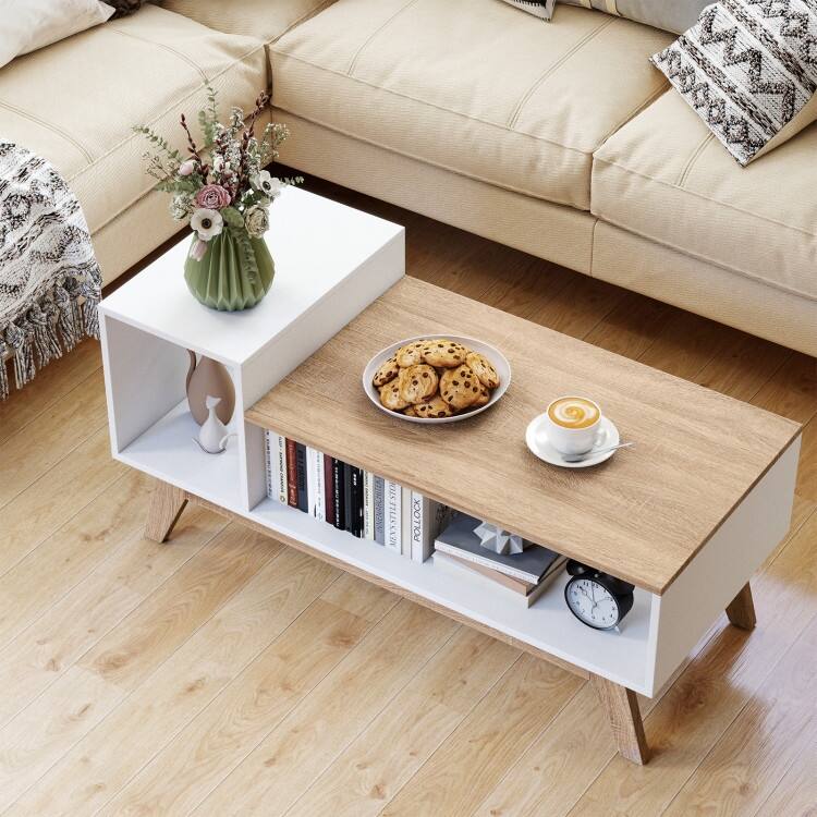 White-Natural Engineered Wood MDF Coffee Table with Stepped Storage and Compartments - 43" x 19" x 21"