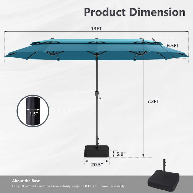 MAISON ARTS 13ft Double-Sided Outdoor Umbrella, 2-Tier Vented Market Umbrella with Colored Lights and Base
