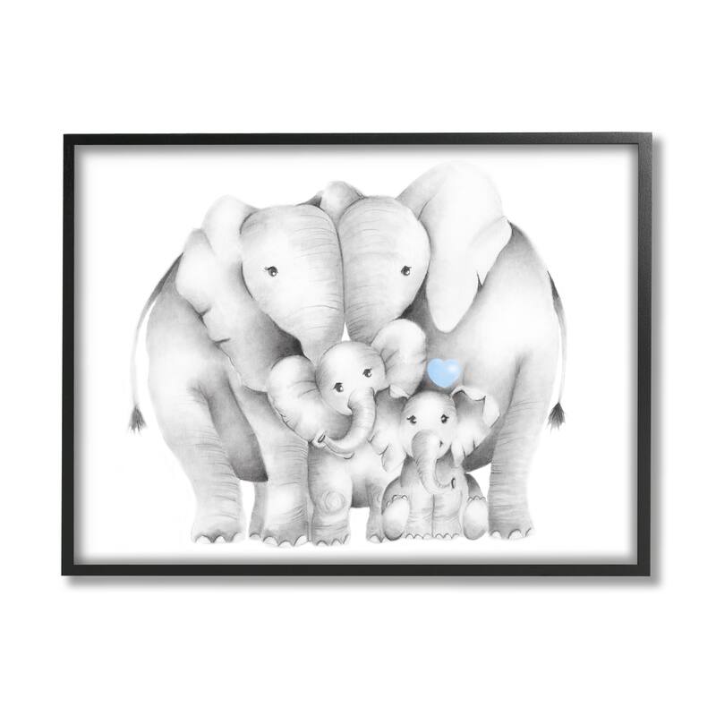 Stupell Happy Elephant Family Blue Heart Pop Baby Animals Framed Wall Art - 16 x 20 - Black
