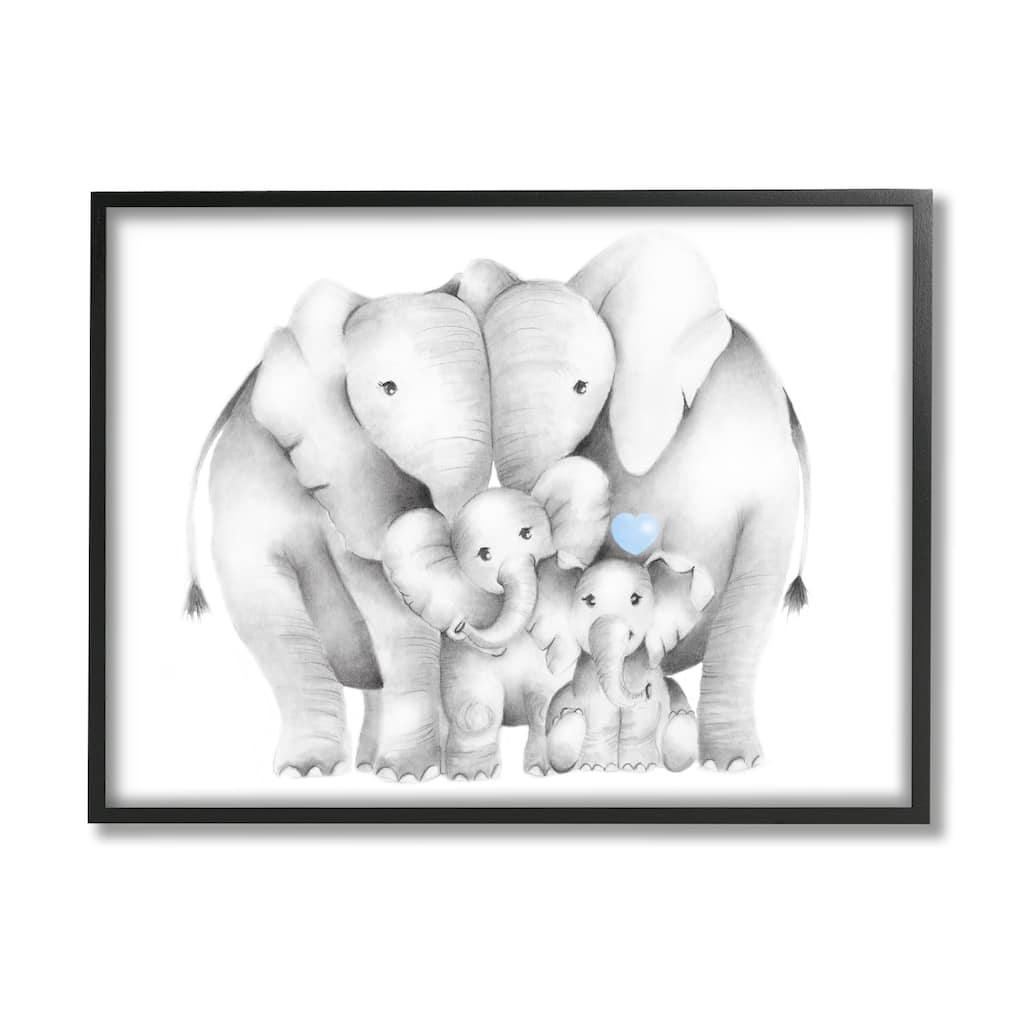 Stupell Happy Elephant Family Blue Heart Pop Baby Animals Framed Wall Art