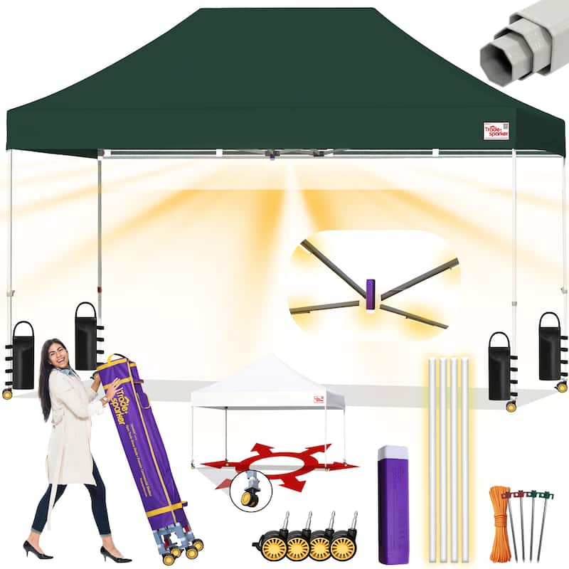 Tradesparker 8x12 Pop Up Canopy Tent LED Curtain 4 Casters Weight Kit - 8x12ft - Forest Green