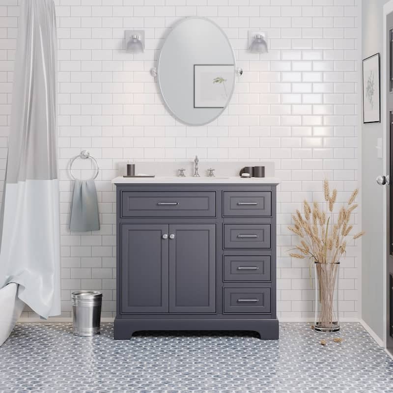 KitchenBathCollection Aria 36" Bathroom Vanity with Quartz Top - Charcoal Gray