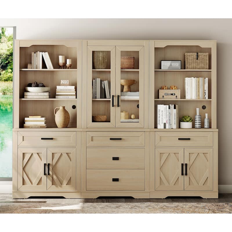 3-Column 73.3" Tall Bookshelf Set with Open Storage and Glass Doors - Beige - 2 Open Shelf&1 Glass Door