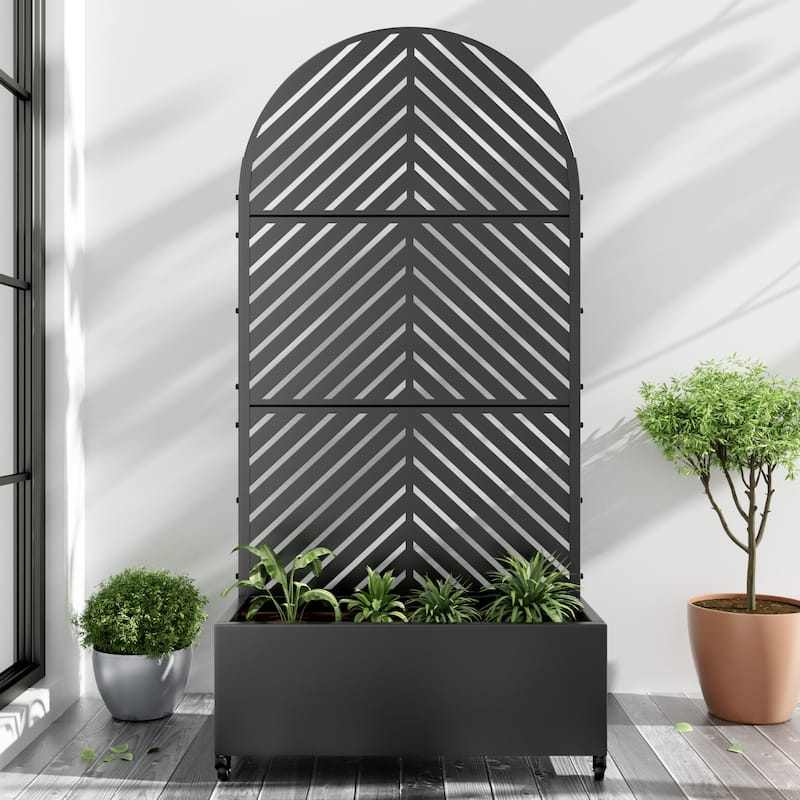 Metal Movable Planter Box with Trellis Privacy Screen Planter Box with Lockable Wheels - Black5