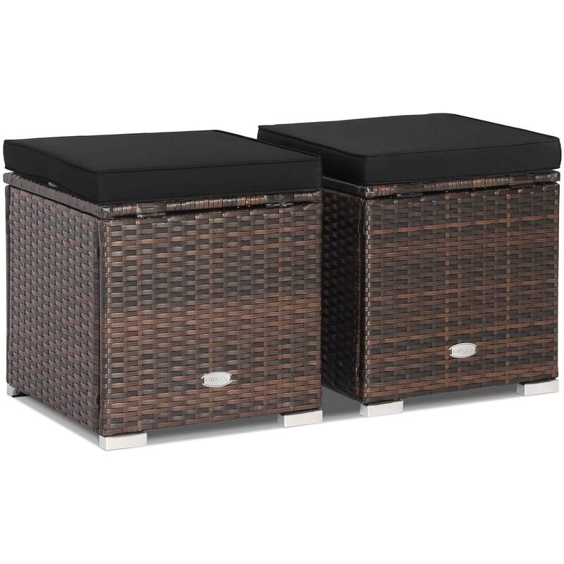 Gymax 2PCS Rattan Ottomans Seat Side Table Storage Box Footstool w/ - Black