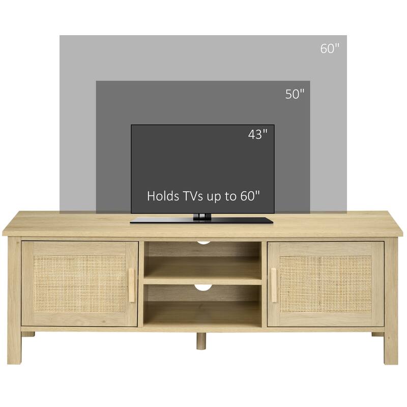 TV Console for 60" TV, Natural Wood Entertainment Center with Rattan Doors, Adjustable Shelves, and Storage Cabinets