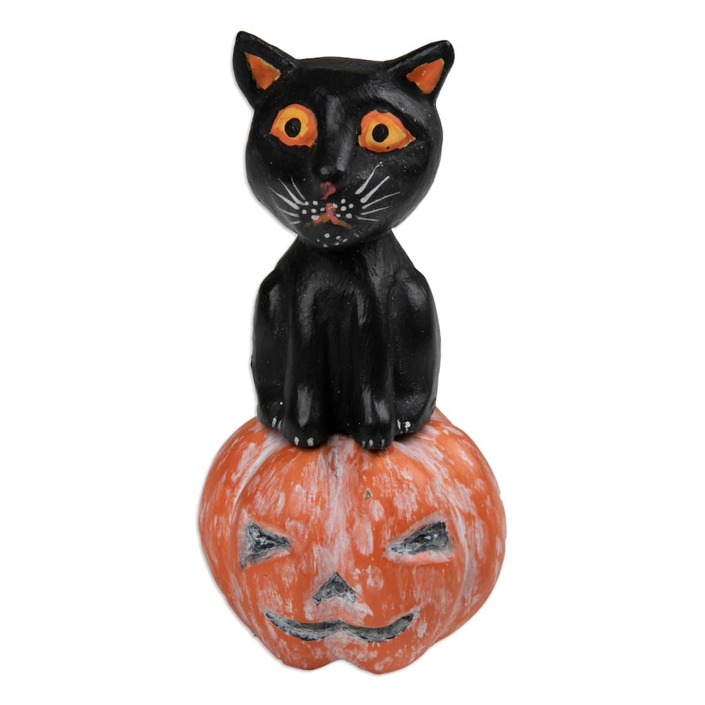 Novica Handmade Cat On The Halloween Night Wood Sculpture