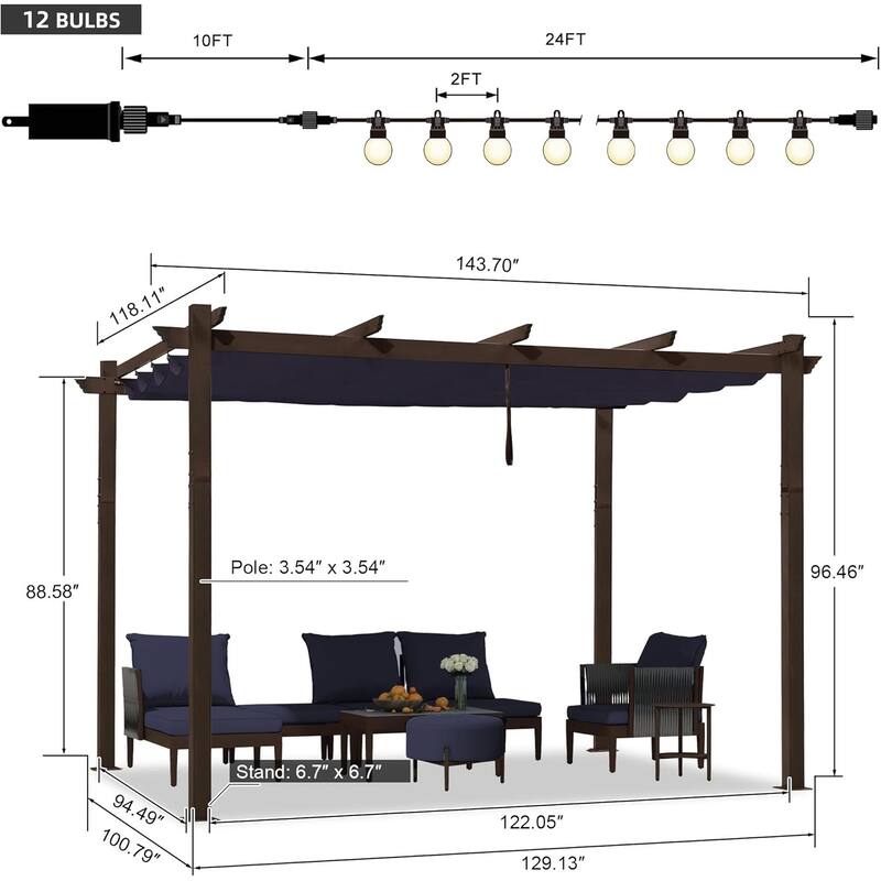 PURPLE LEAF Outdoor Retractable Bronze Metal Pergola w Canopy for Beach Deck Gazebo