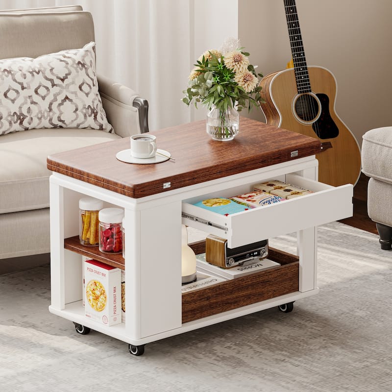 27.6" Modern Coffee Table with Foldable Top & Casters, Multi-Tier Storage Side Table for Living Room